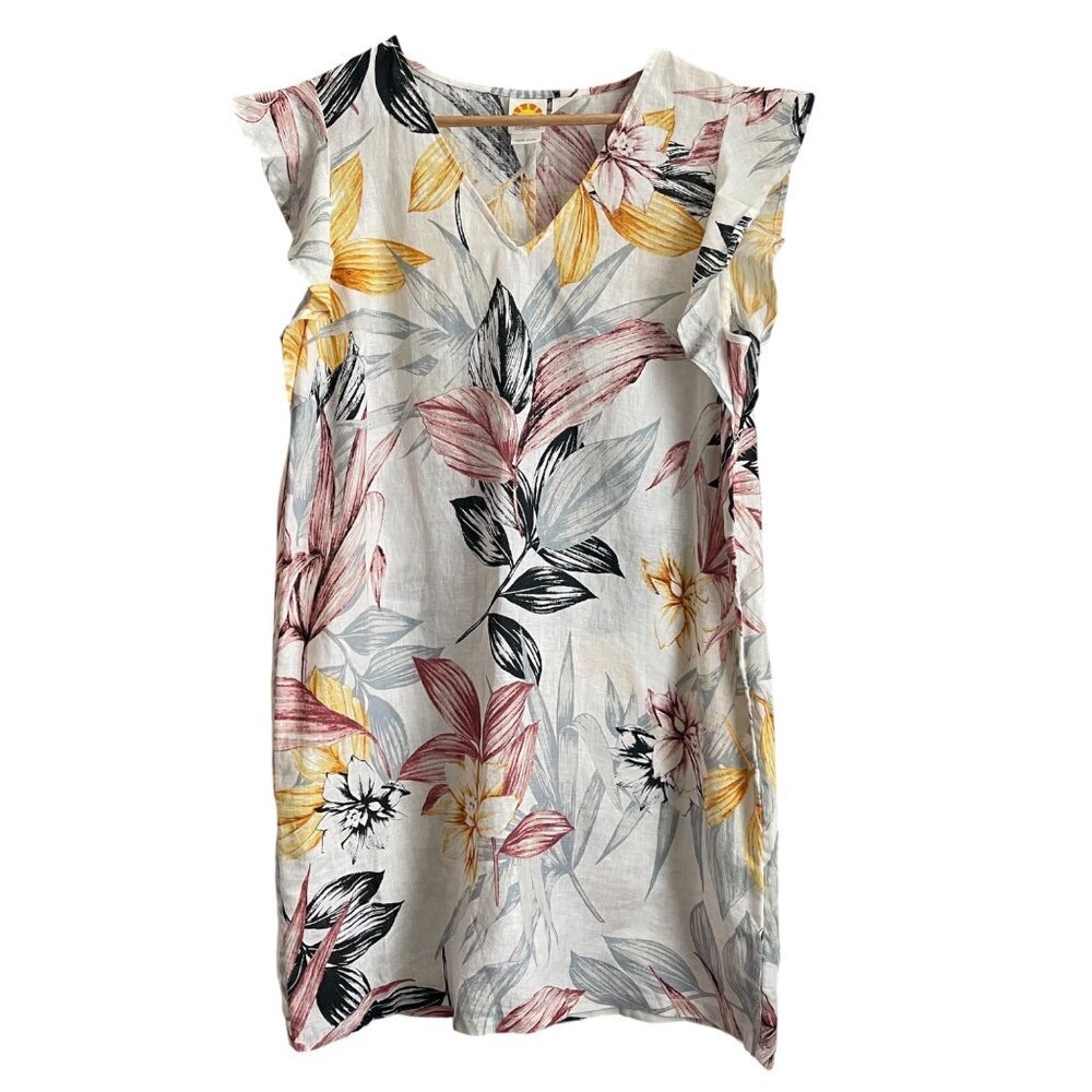 C & C California Women Linen Dress Size M Floral Ruffle Vacation Resort Coastal